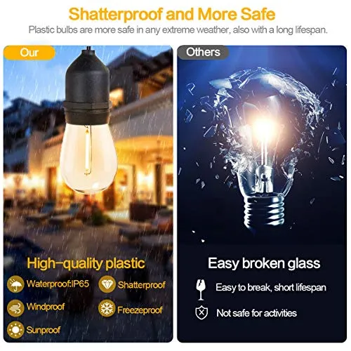 Solar String Lights Outdoor Waterproof LED Shatterproof 48FT Heavy Duty with 17 Plastic Hanging S14 Edison Bulbs Balcony Fence Patio Light