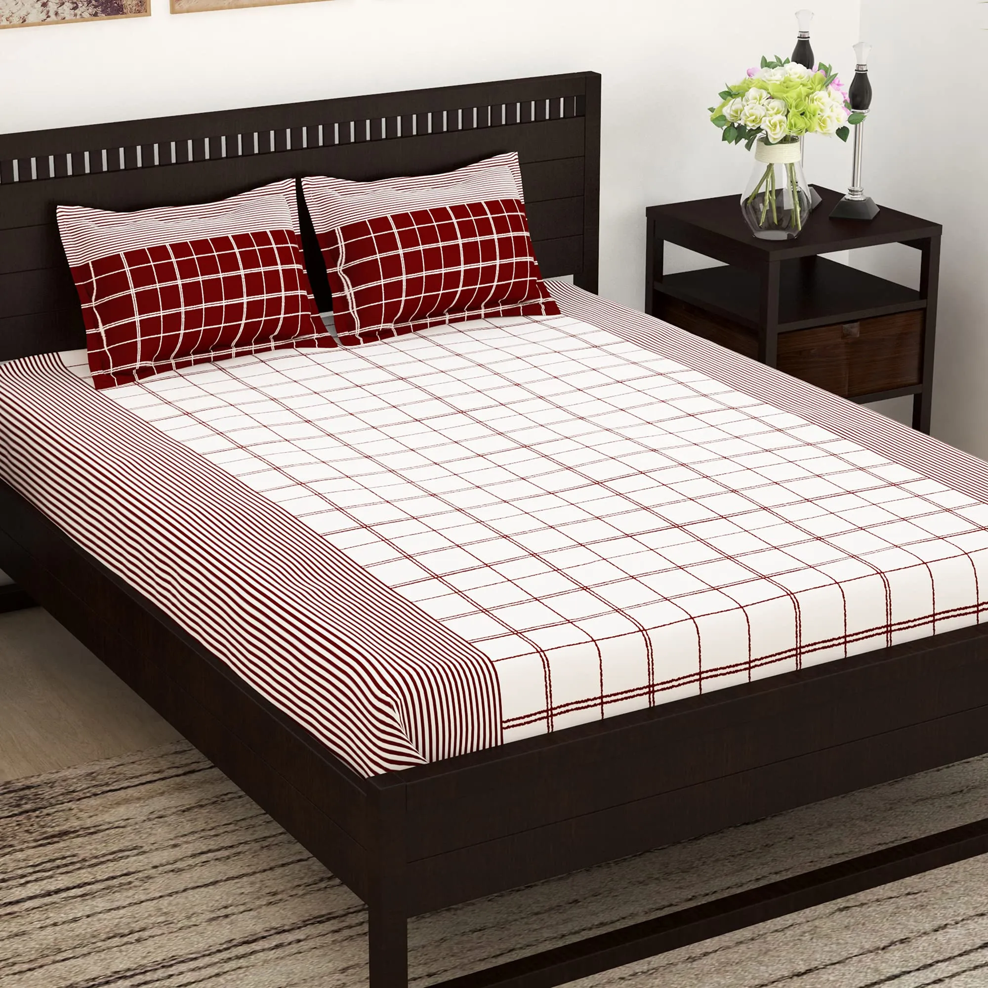 Story@Home Majestic Collection, 100% Cotton Bedsheet for King Bed Checks Design | 1 King Size Bedsheet with 2 Pillow Covers | 152 TC (270 x 270 cm, White & Red) | Perfect for Festive Gifting bedsheet