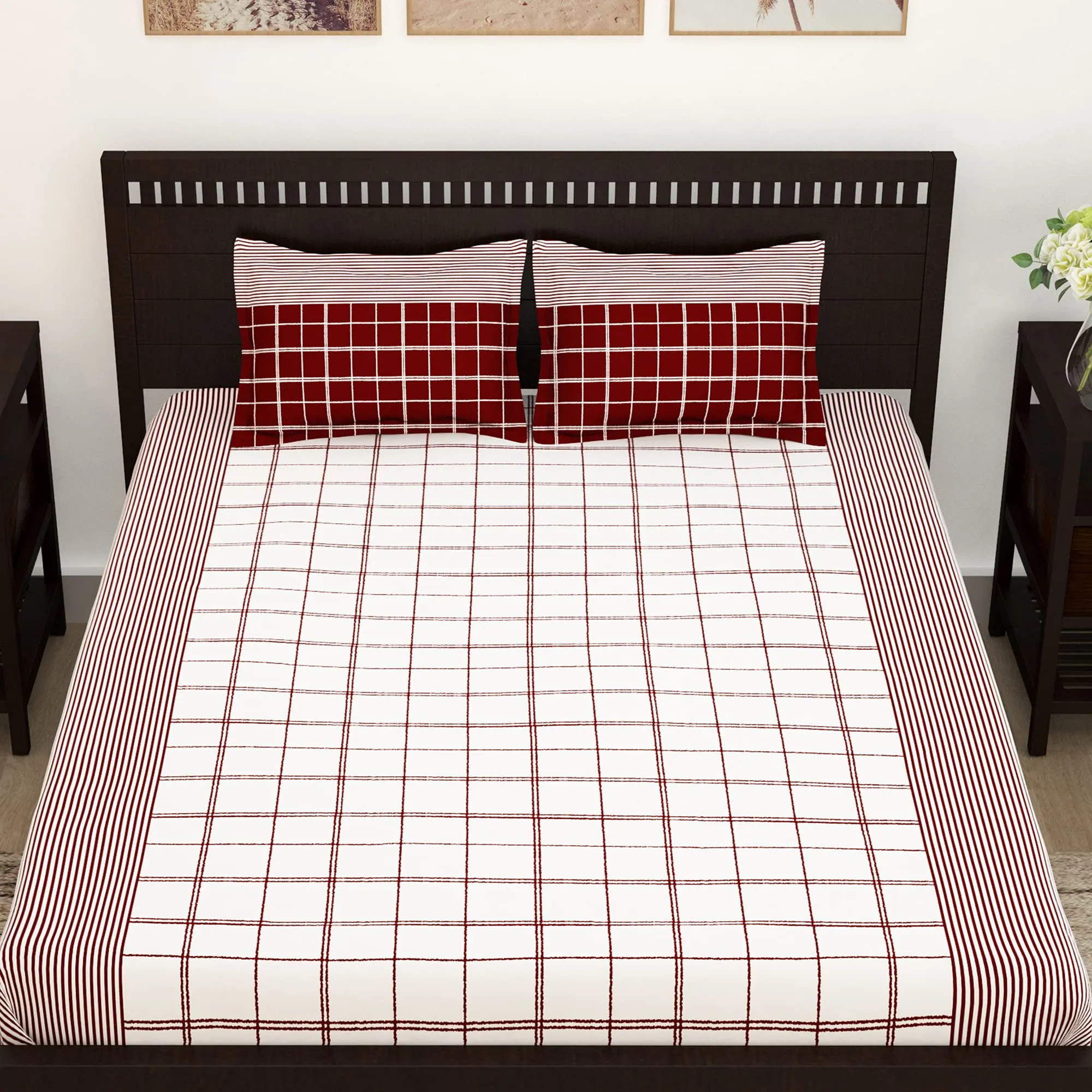 Story@Home Majestic Collection, 100% Cotton Bedsheet for King Bed Checks Design | 1 King Size Bedsheet with 2 Pillow Covers | 152 TC (270 x 270 cm, White & Red) | Perfect for Festive Gifting bedsheet