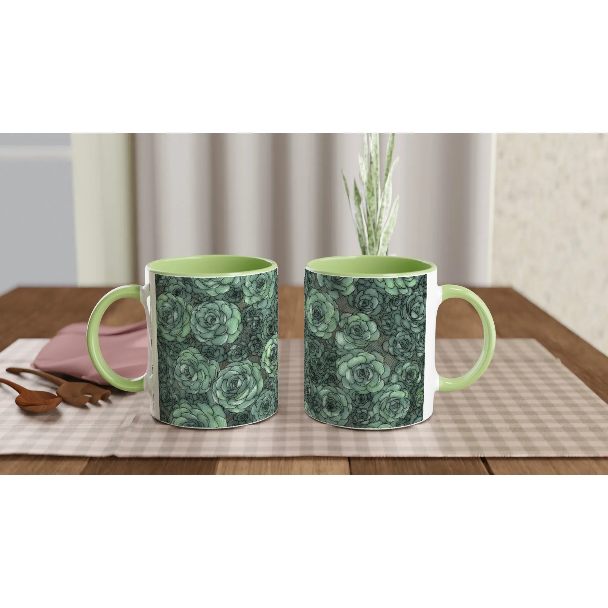 Succulent Pattern Green 11oz Ceramic Mug with Color Inside