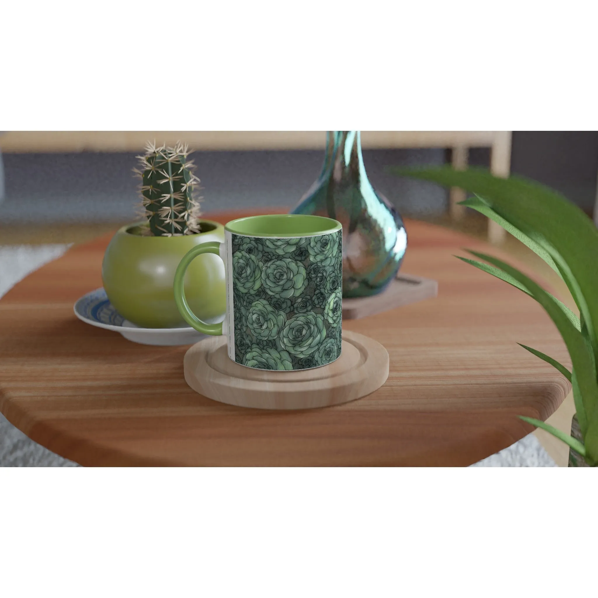 Succulent Pattern Green 11oz Ceramic Mug with Color Inside