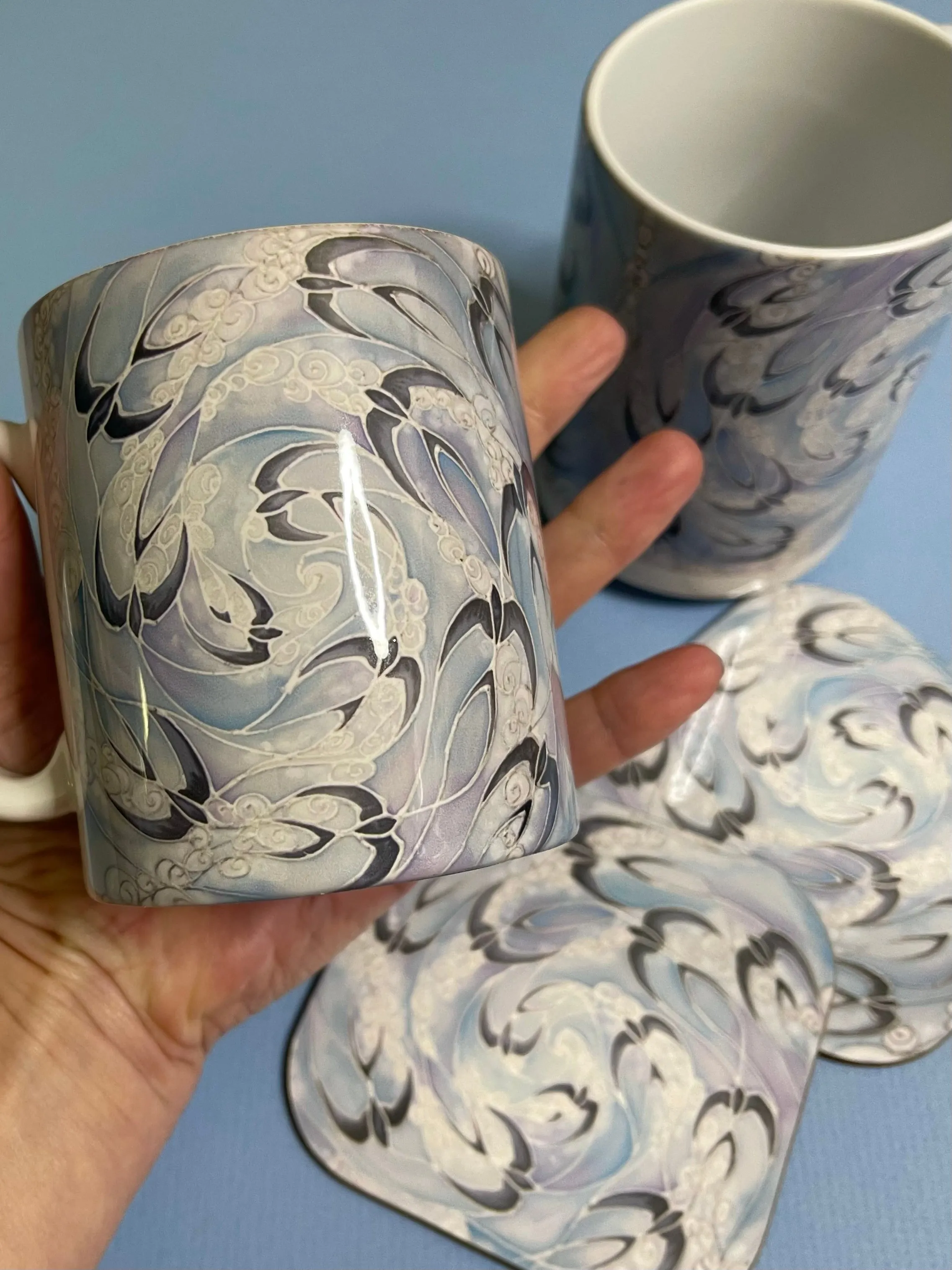 Swallows and Clouds Mug and Coaster - Extra Large & Regular Mug Sizes Swallows Mug Gift Box Set -