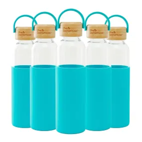 The Better Home Borosilicate Glass Water Bottle with Sleeve (500ml) | Non Slip Silicon Sleeve & Bamboo Lid | Water Bottles for Fridge | Light Blue (Pack of 5)