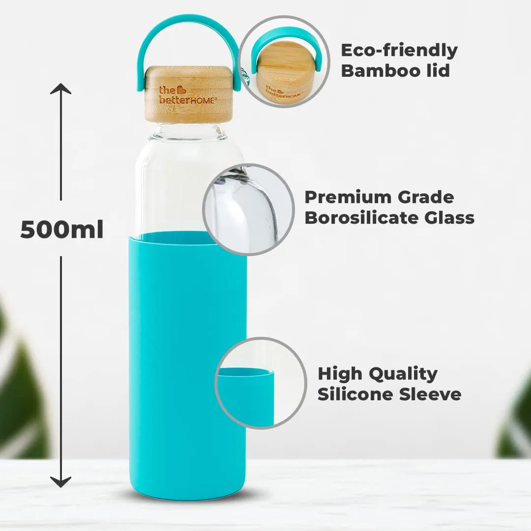 The Better Home Borosilicate Glass Water Bottle with Sleeve (500ml) | Non Slip Silicon Sleeve & Bamboo Lid | Water Bottles for Fridge | Light Blue (Pack of 5)