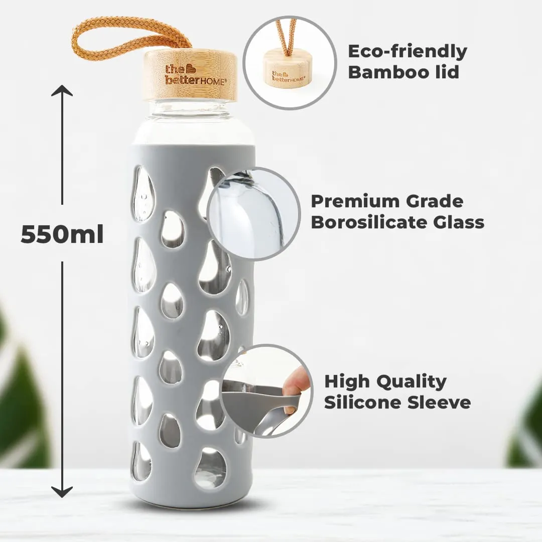 The Better Home Borosilicate Glass Water Bottle with Sleeve (550ml) | Non Slip Silicon Sleeve & Bamboo Lid | Water Bottles for Fridge | Grey (Pack of 20)