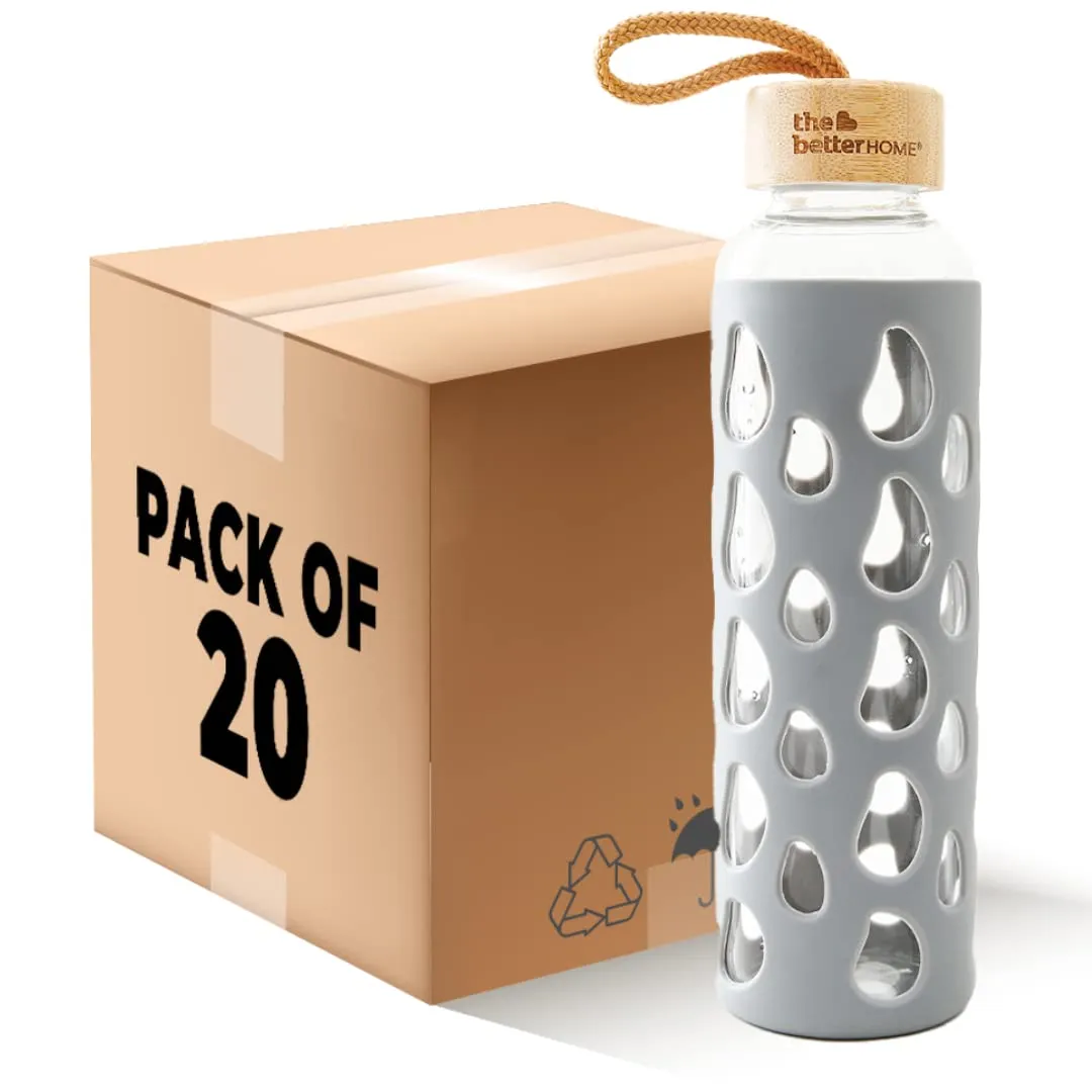 The Better Home Borosilicate Glass Water Bottle with Sleeve (550ml) | Non Slip Silicon Sleeve & Bamboo Lid | Water Bottles for Fridge | Grey (Pack of 20)