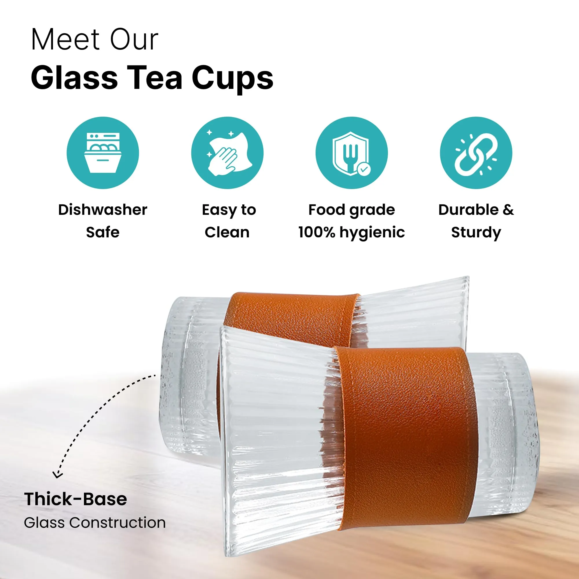 The Better Home Glass Cup Set of 6 for Tea (280ml Each) Lead Free Coffee Cup with Leather Sleeve Grip | Scratch-Resistance Tea Cup Set | House Warming Gifts for New Home | Return Gifts for Women