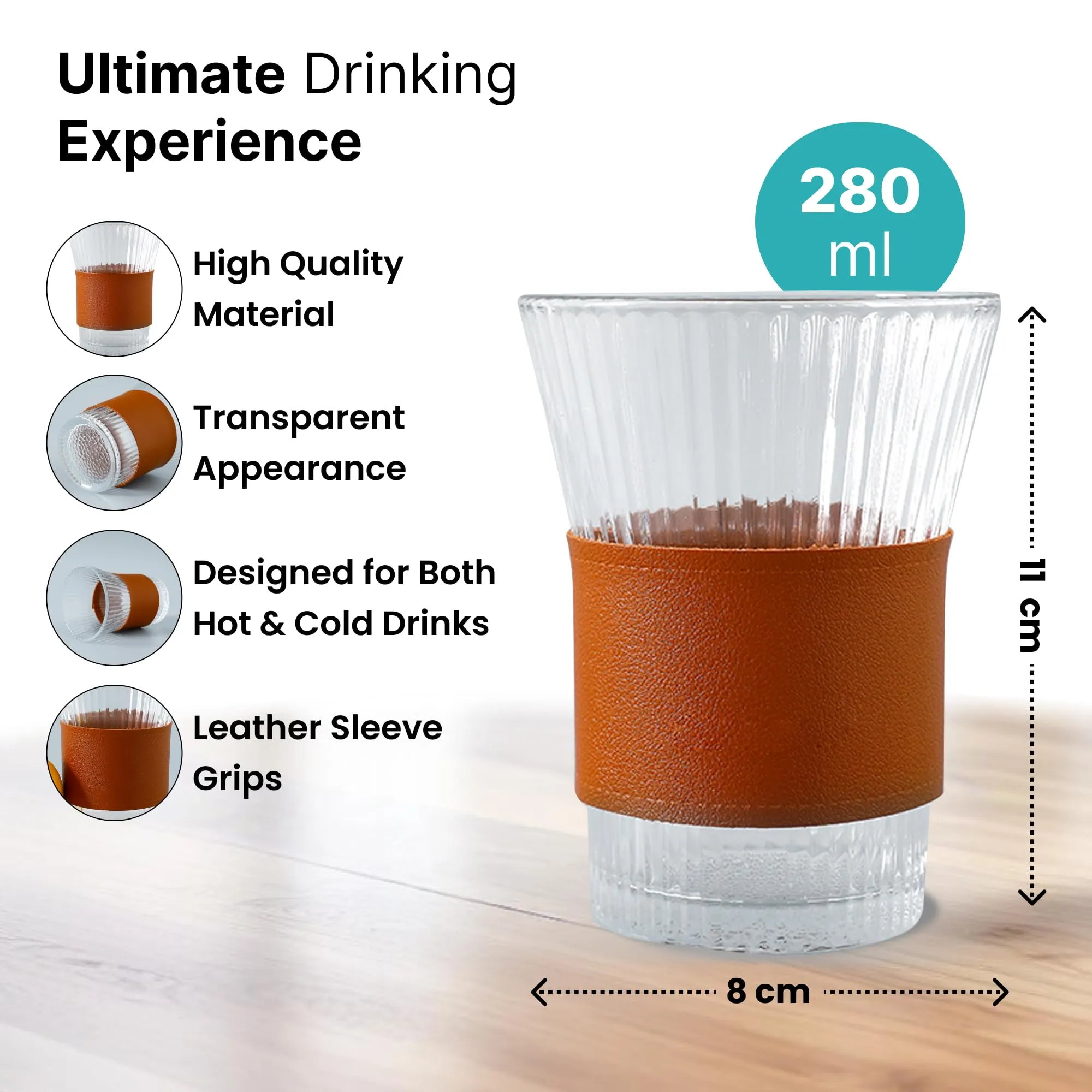 The Better Home Glass Cup Set of 6 for Tea (280ml Each) Lead Free Coffee Cup with Leather Sleeve Grip | Scratch-Resistance Tea Cup Set | House Warming Gifts for New Home | Return Gifts for Women