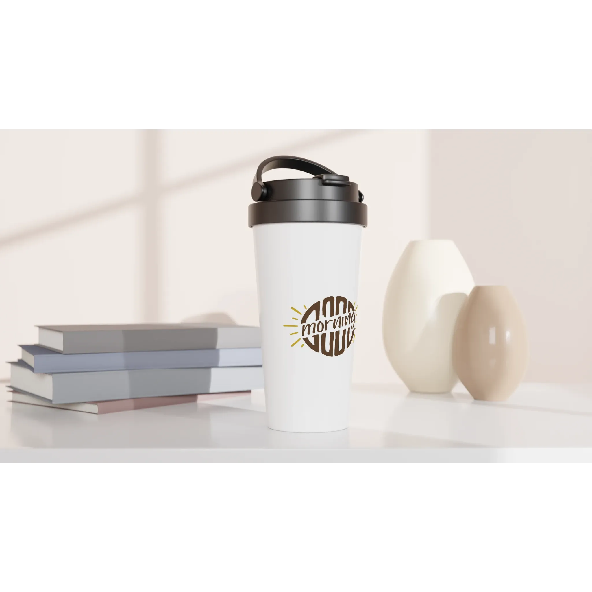 Travel Mug with Good Morning & Sunray Design