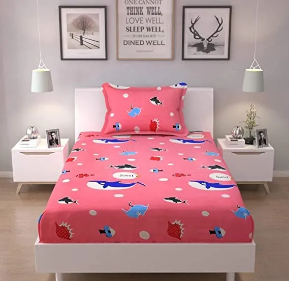 Tript Cartoon Print Elastic Fitted Glace Cotton Single Bed (72x48x Upto 6 Inches) Bedsheet with 2 Pillow Covers-200TC Fish Pink sb