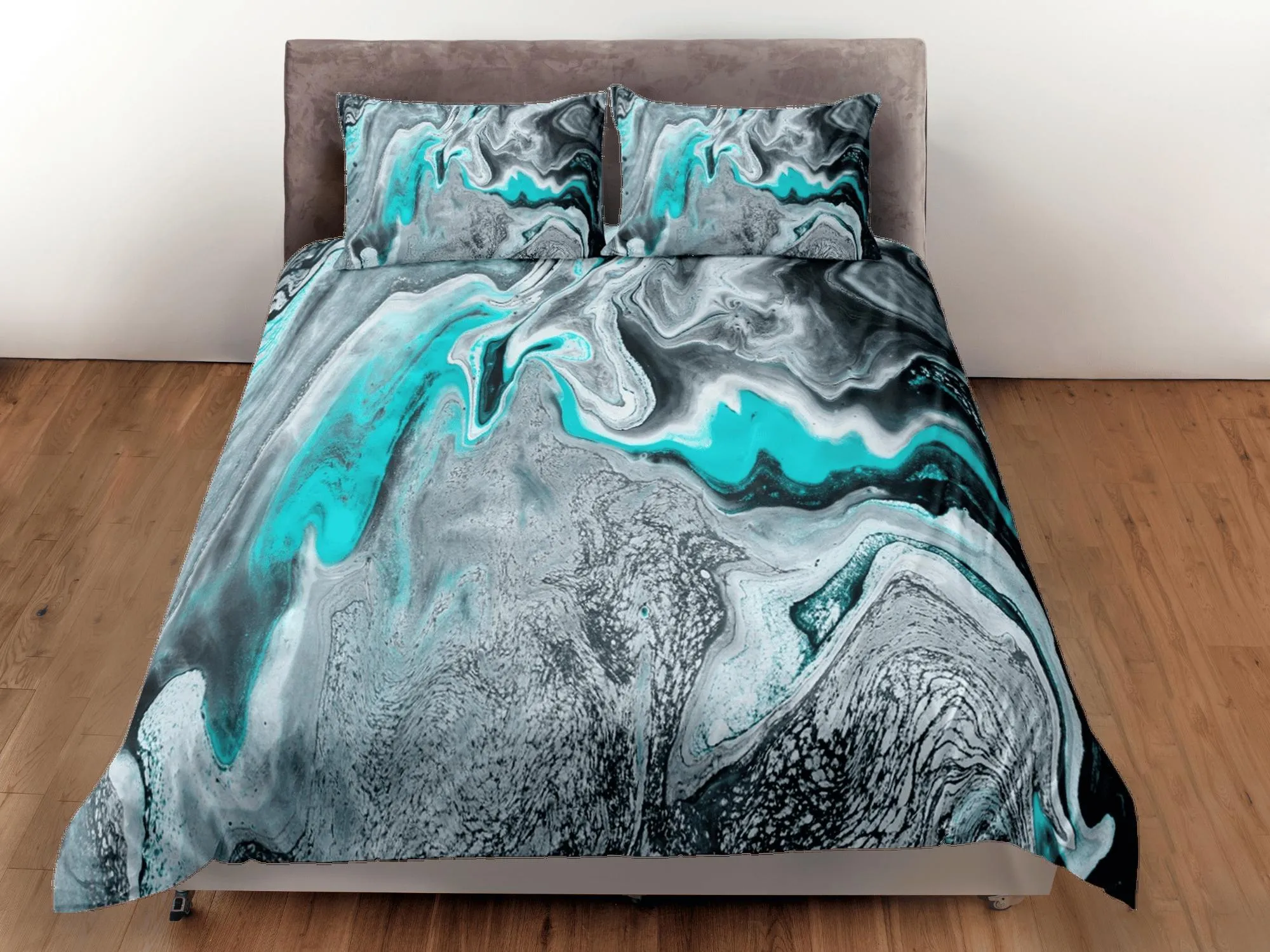 Turquoise green contemporary bedroom set aesthetic duvet cover, alcohol ink abstract art room decor boho chic bedding set full king queen