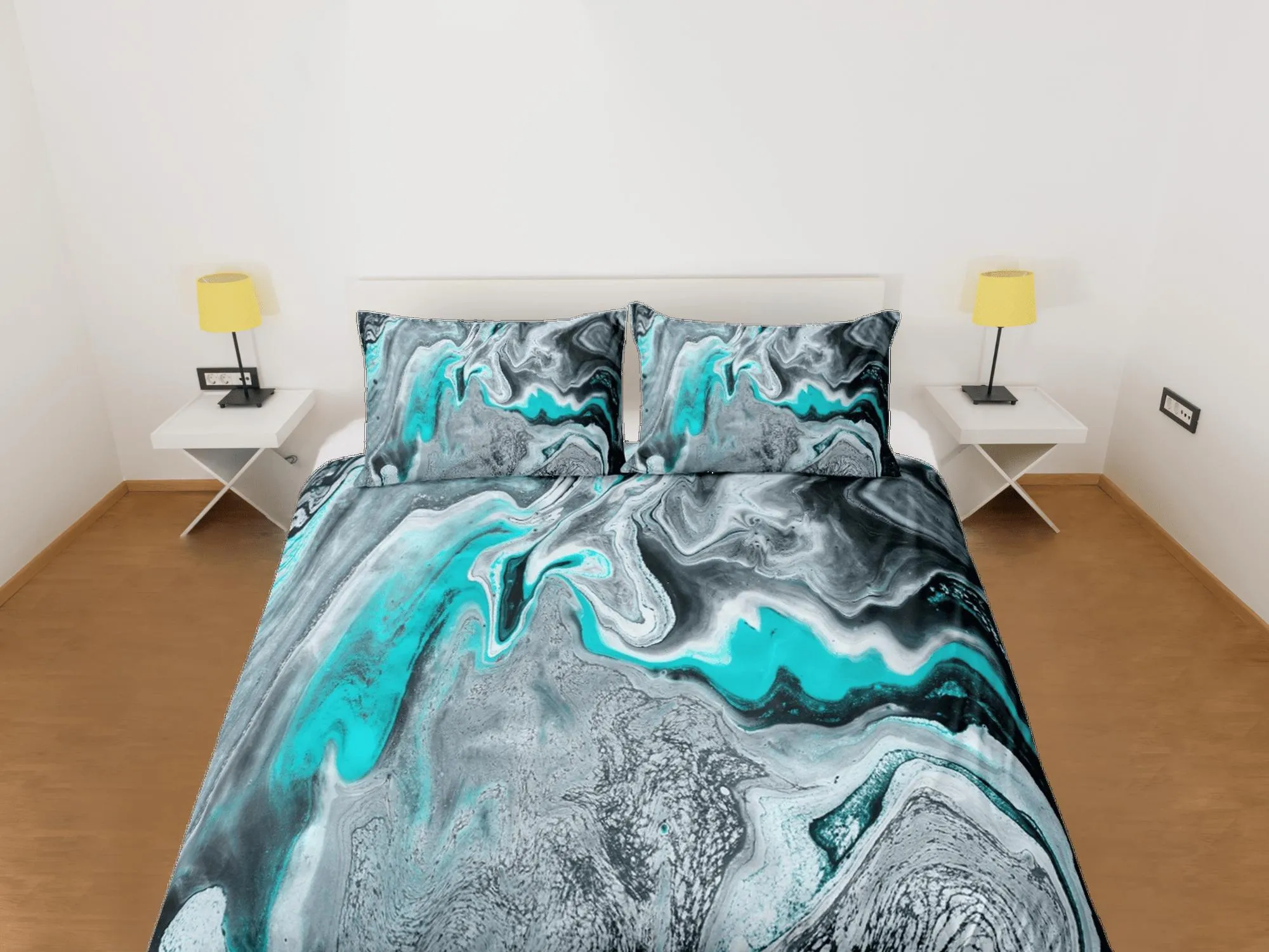 Turquoise green contemporary bedroom set aesthetic duvet cover, alcohol ink abstract art room decor boho chic bedding set full king queen