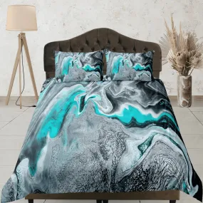 Turquoise green contemporary bedroom set aesthetic duvet cover, alcohol ink abstract art room decor boho chic bedding set full king queen