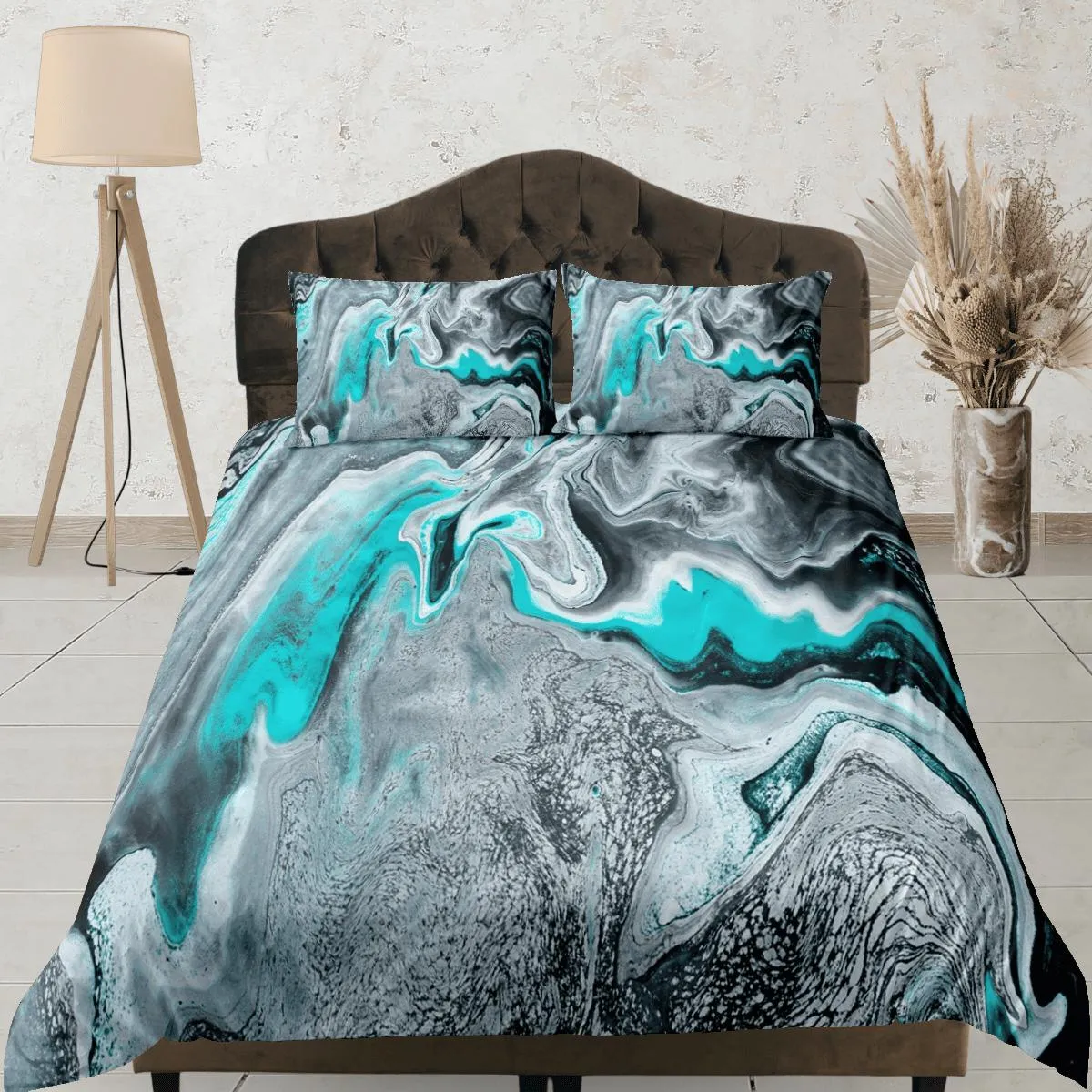 Turquoise green contemporary bedroom set aesthetic duvet cover, alcohol ink abstract art room decor boho chic bedding set full king queen