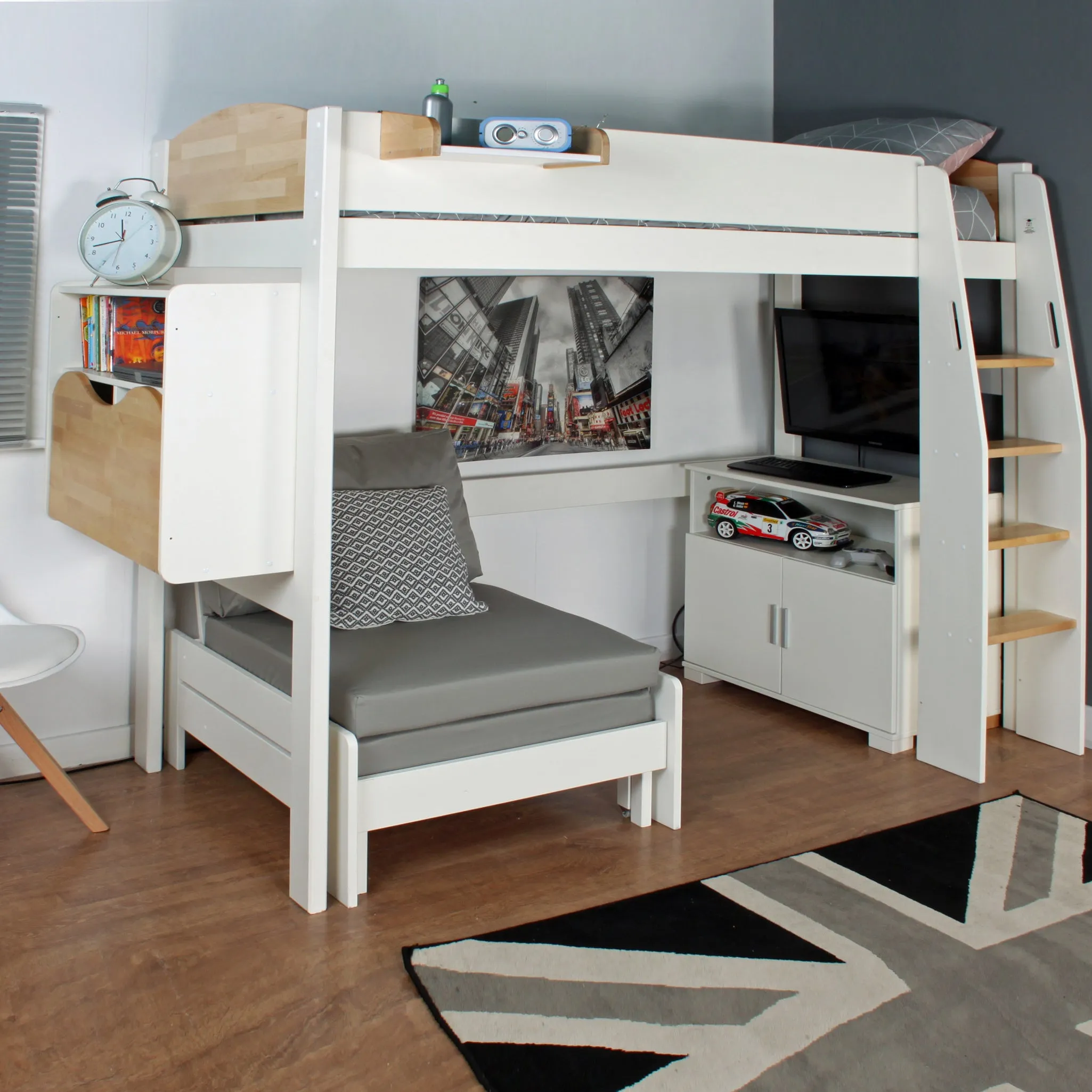 Urban White & Birch High Sleeper 2 with Sofabed, Bookcase/Desk & Cupboard - Kids Avenue