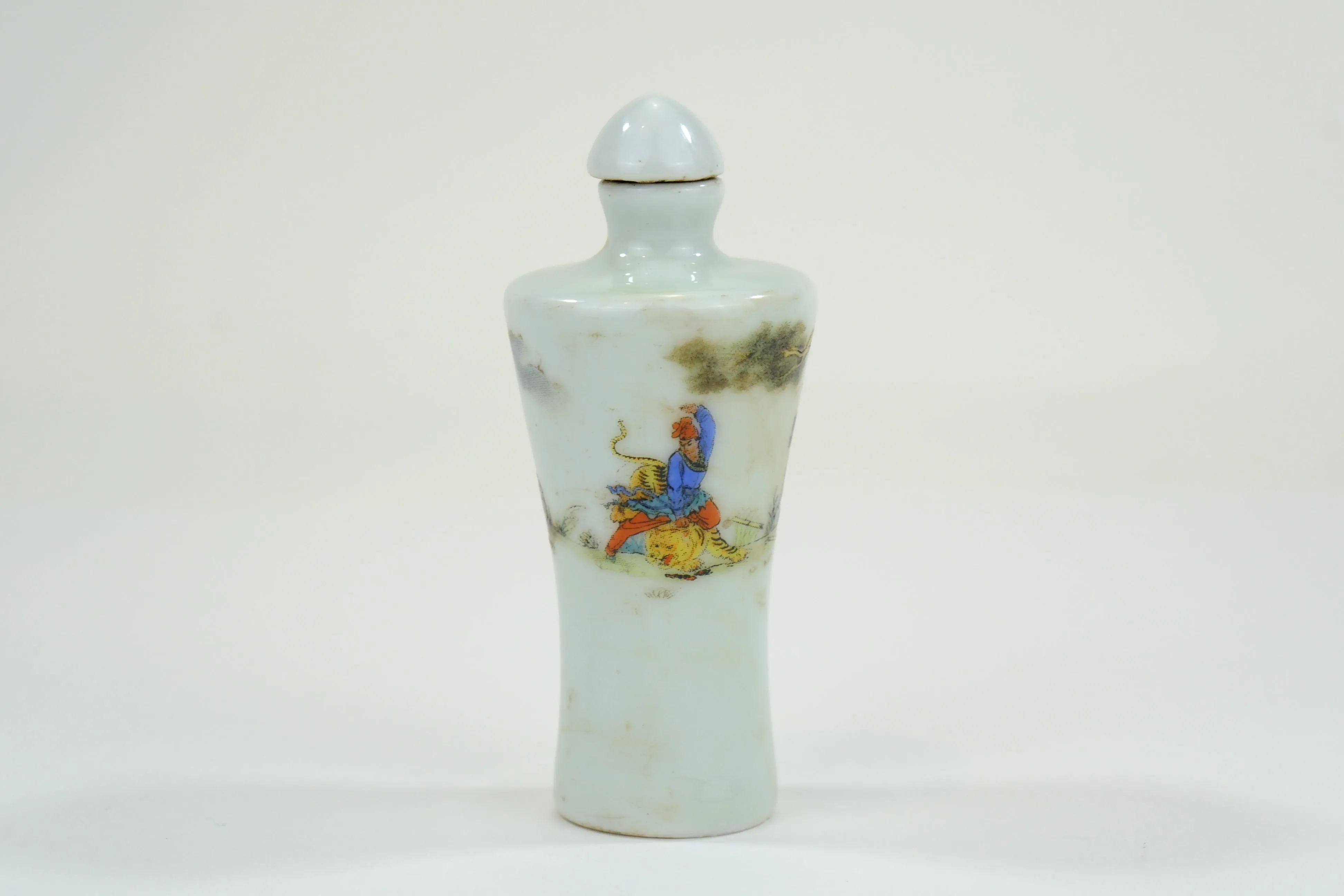 Vintage Chinese Porcelain Snuff Bottle Warrior on Tiger w/ Stopper 3"