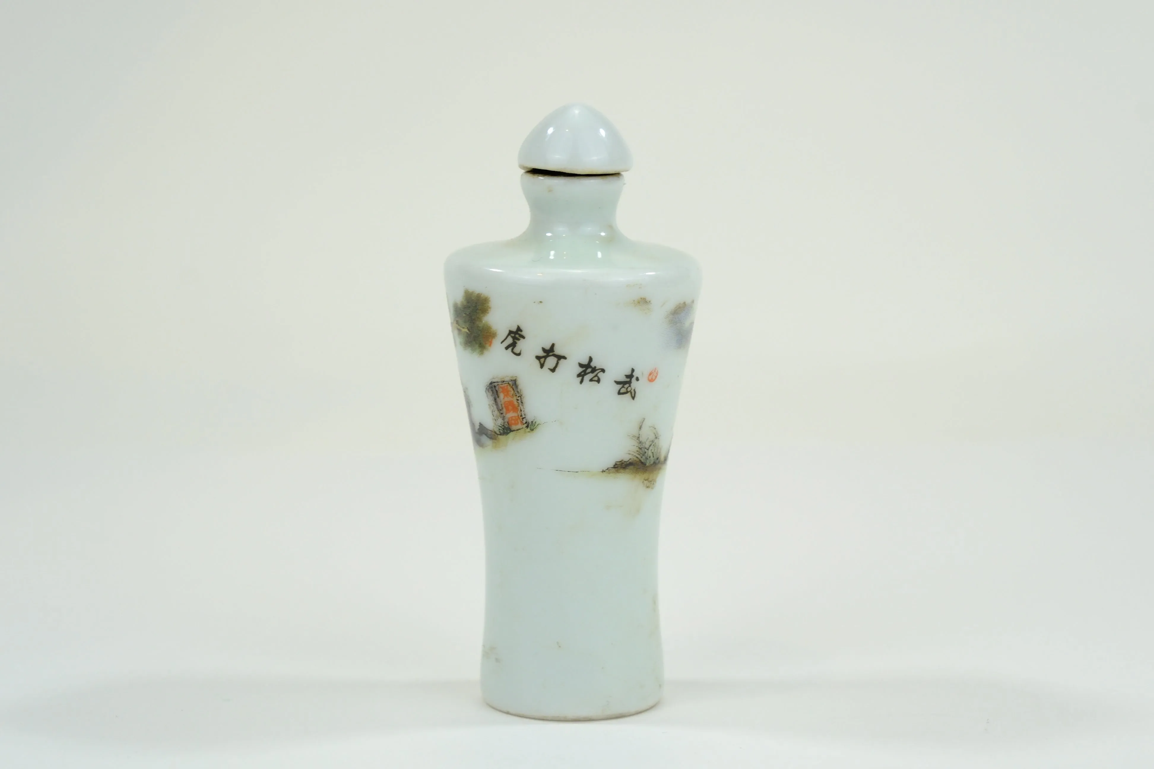 Vintage Chinese Porcelain Snuff Bottle Warrior on Tiger w/ Stopper 3"