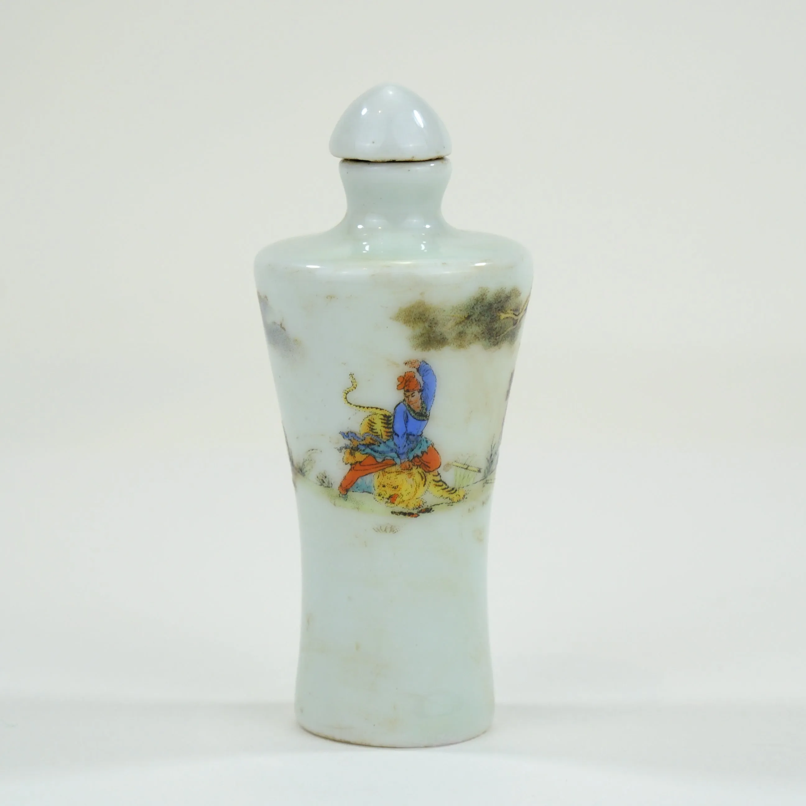 Vintage Chinese Porcelain Snuff Bottle Warrior on Tiger w/ Stopper 3"