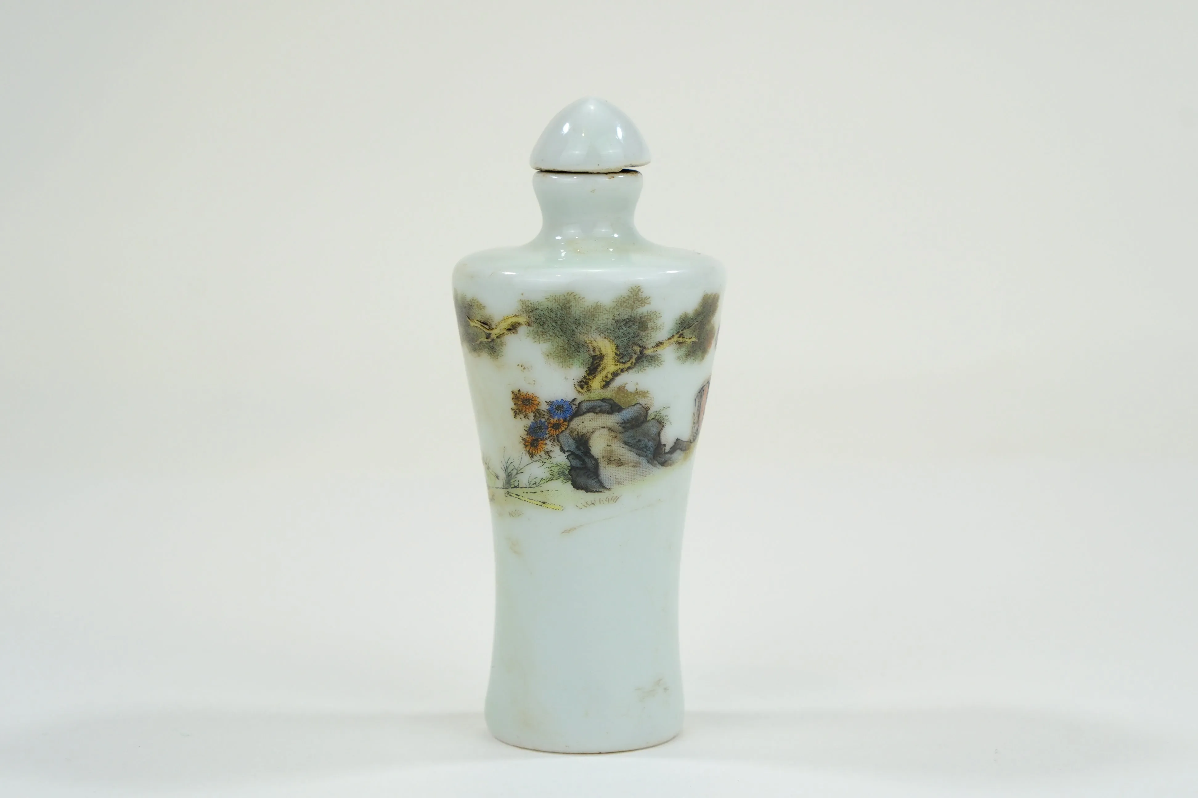 Vintage Chinese Porcelain Snuff Bottle Warrior on Tiger w/ Stopper 3"