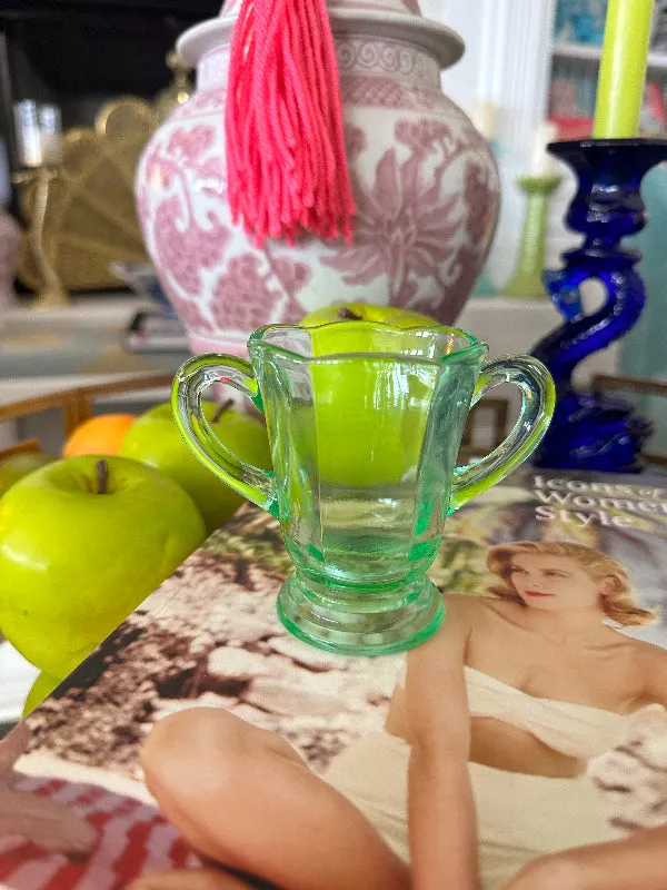 Vintage Green Uranium Glass 2 Handled Vase, Creamer