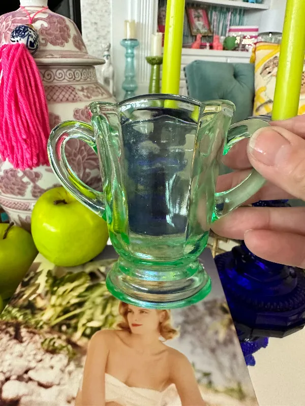 Vintage Green Uranium Glass 2 Handled Vase, Creamer