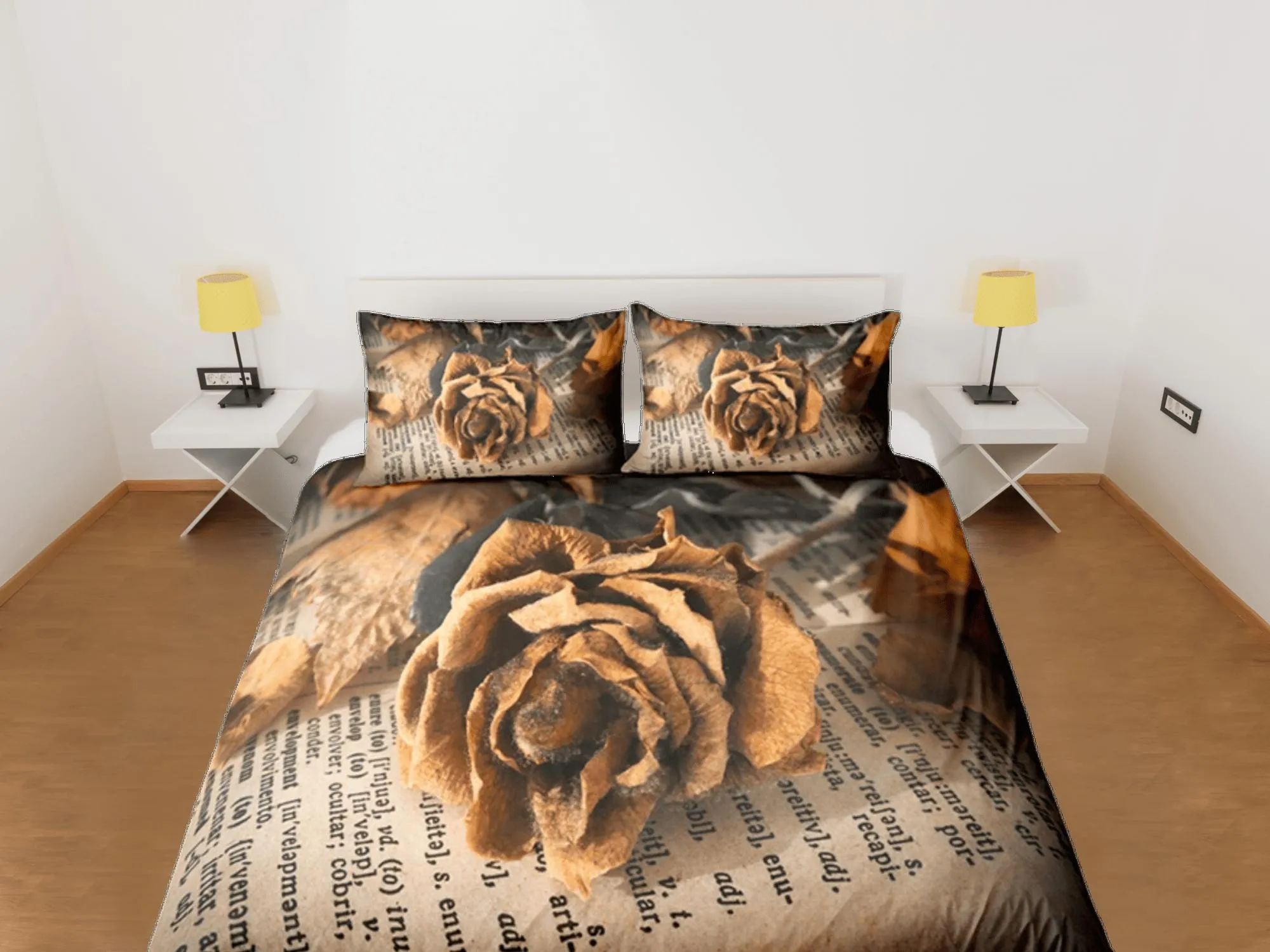 Vintage Paper Roses Duvet Cover Set Bedspread, Floral Dorm Bedding Pillowcase