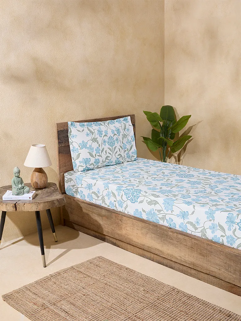 Westside Home Blue Floral Printed Single Bed Fitted Sheet and Pillowcase Set