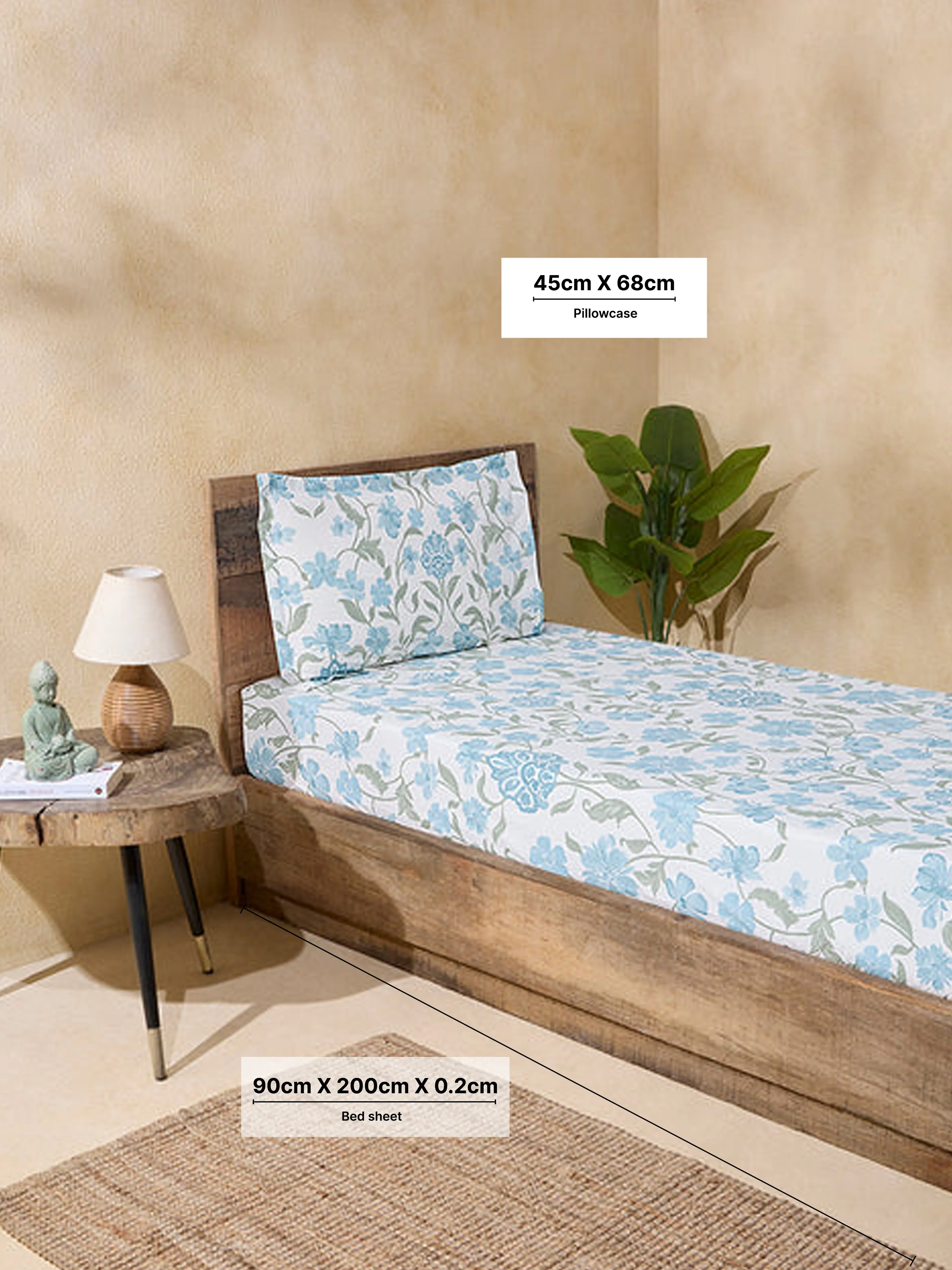 Westside Home Blue Floral Printed Single Bed Fitted Sheet and Pillowcase Set