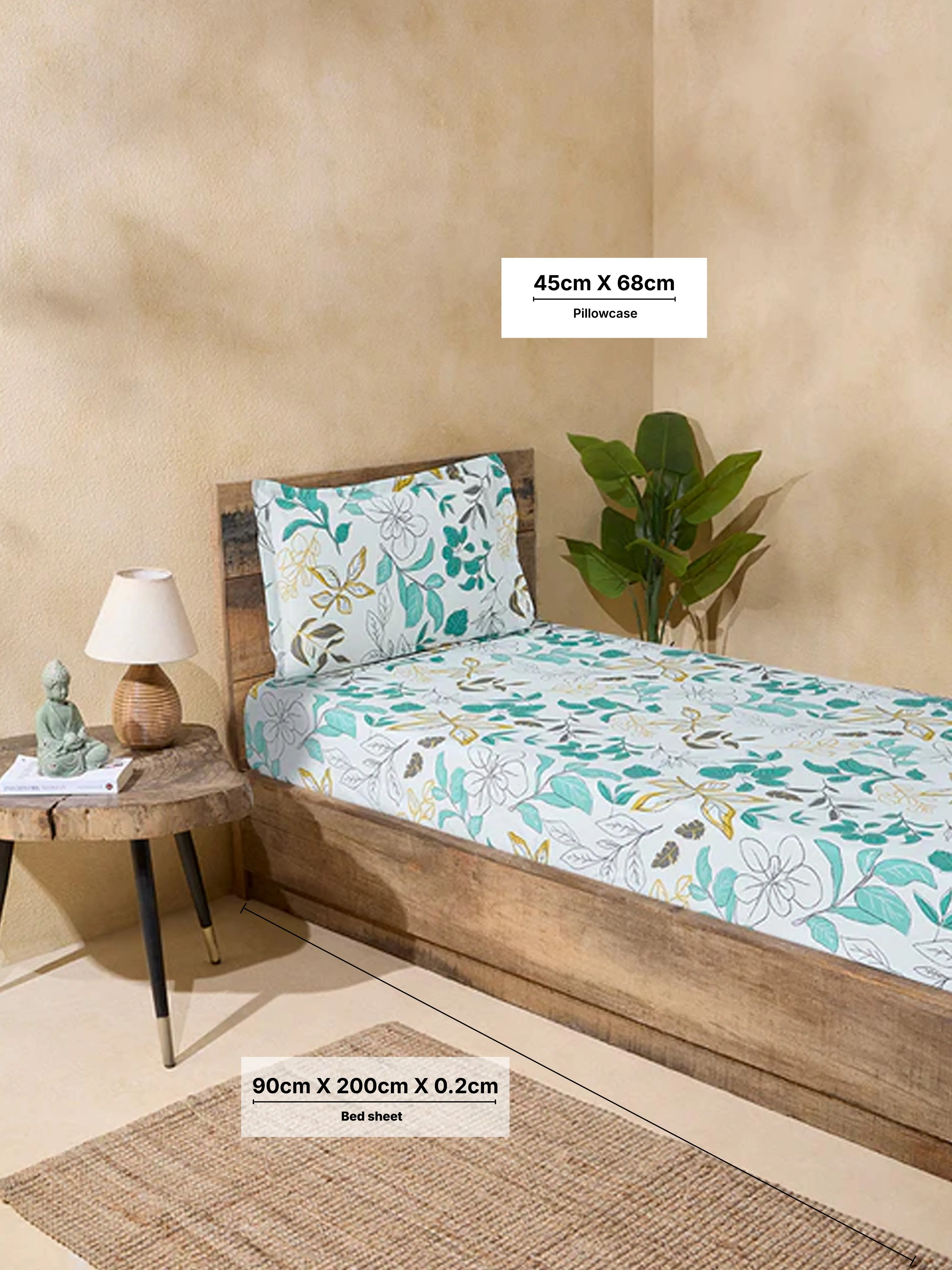 Westside Home Green Printed Single Bed Fitted Sheet and Pillowcase Set