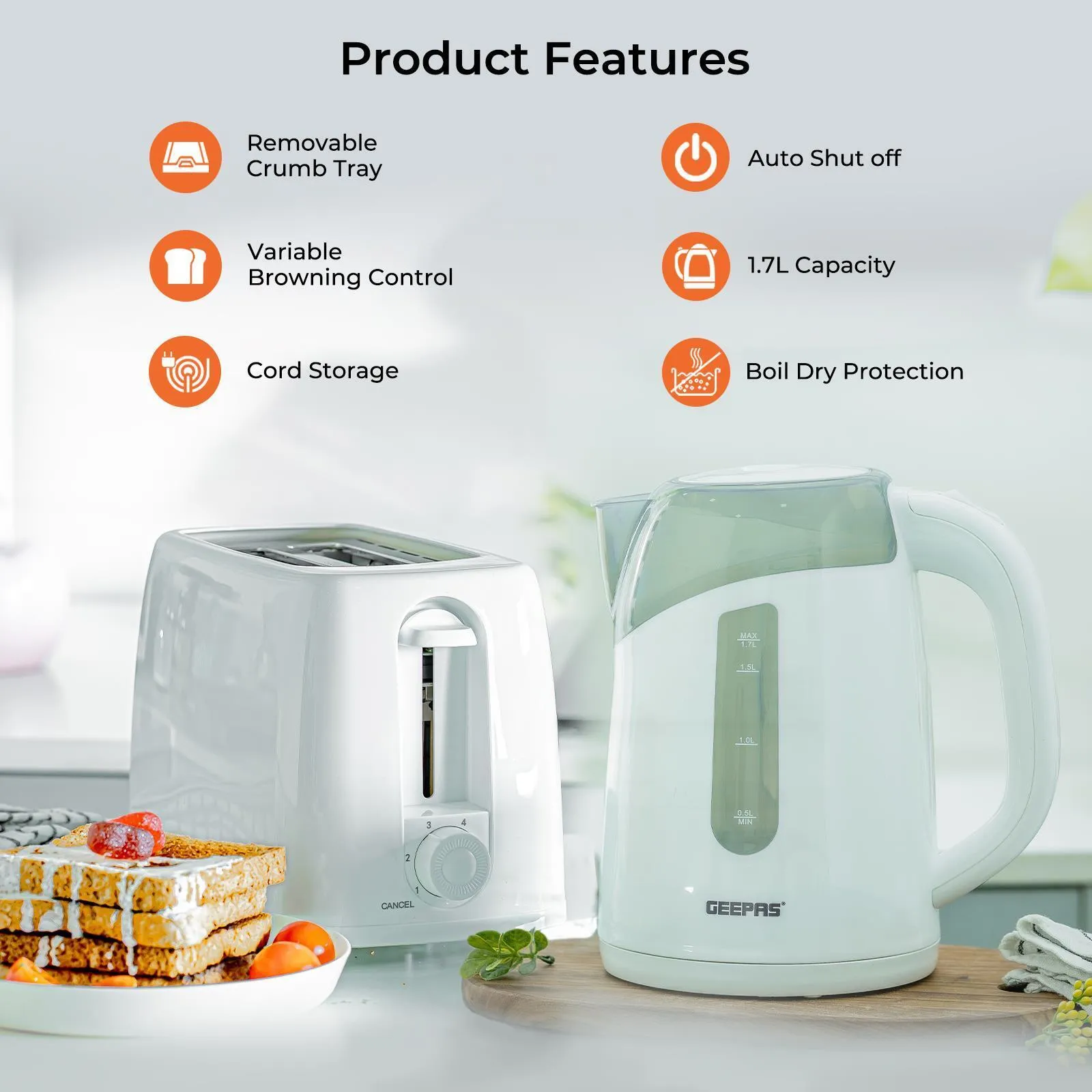 White 2-Slice & 1.7L Illuminating LED Kettle and Toaster Set