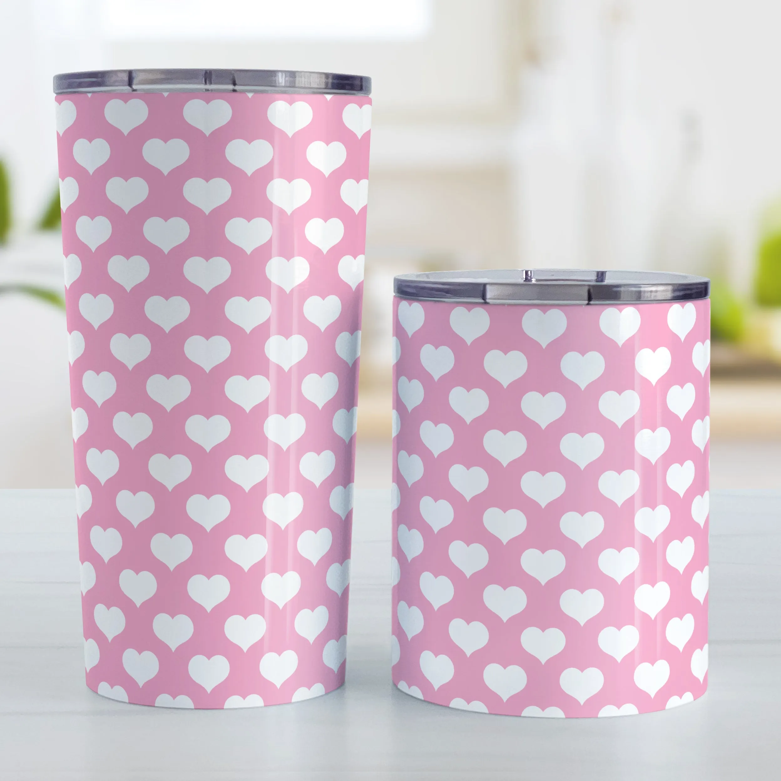 White Hearts Pattern Pink Tumbler Cup