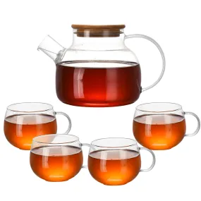 Whole Housewares Elegant Glass Kettle Tea Sets Made Of Heat-Resistant Glass (-20°C To 150°C) - Teapot Sets For 1 Liter And 4 Crystal Cups, With Removable Strainer Insert For Juice, Tea And Coffee