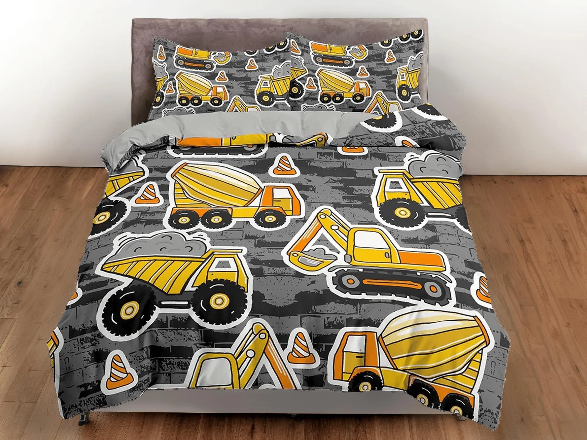 Yellow bulldozer construction work grey toddler bedding, unique duvet cover kids, crib bedding, baby zipper bedding, king queen full twin