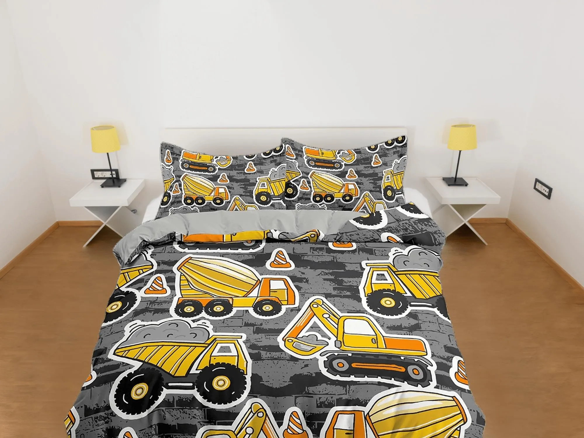 Yellow bulldozer construction work grey toddler bedding, unique duvet cover kids, crib bedding, baby zipper bedding, king queen full twin