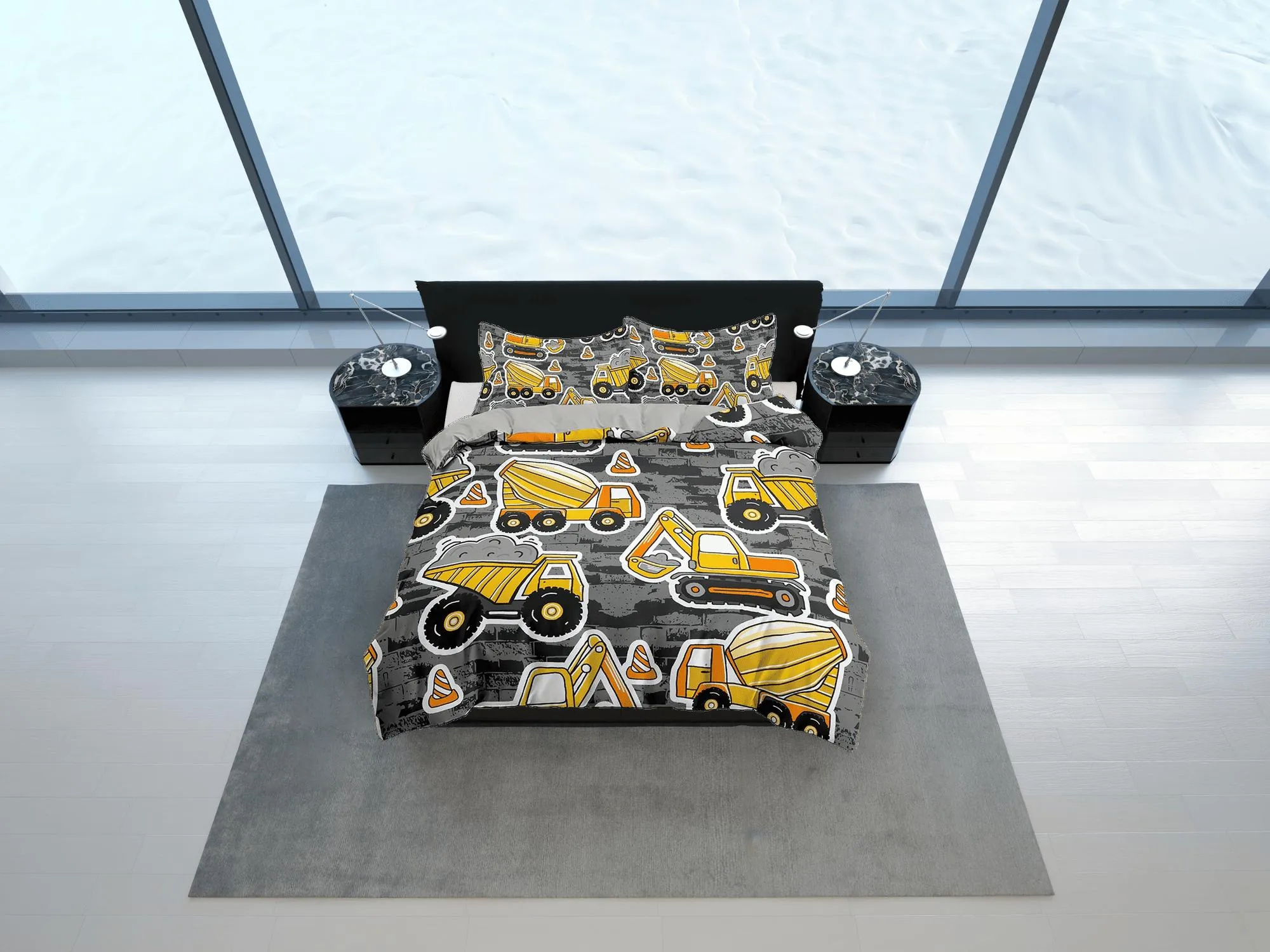 Yellow bulldozer construction work grey toddler bedding, unique duvet cover kids, crib bedding, baby zipper bedding, king queen full twin