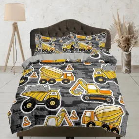 Yellow bulldozer construction work grey toddler bedding, unique duvet cover kids, crib bedding, baby zipper bedding, king queen full twin