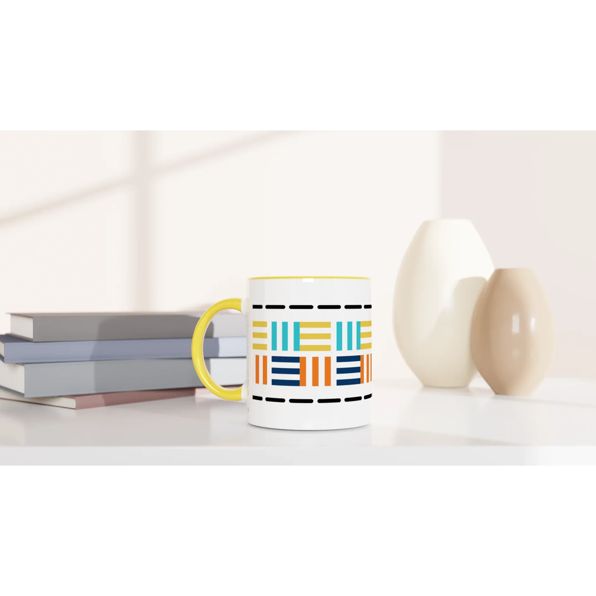 Yellow Ceramic Mug with Geometric Mosaic Print – Bold & Artistic Coffee Mug