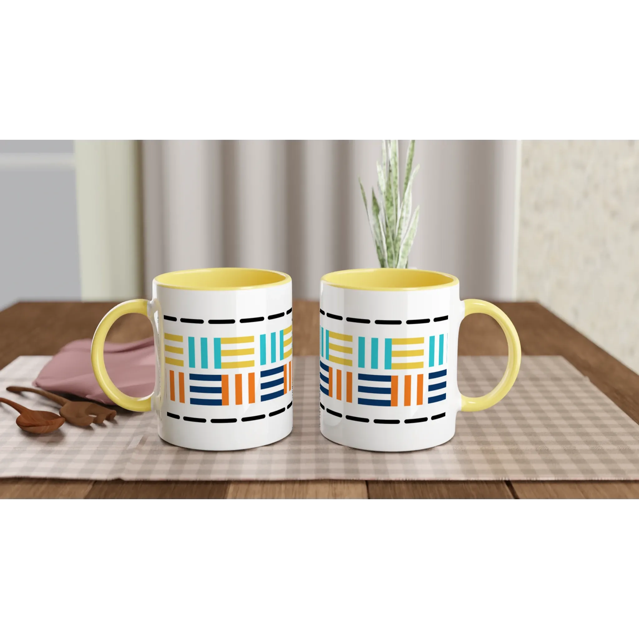 Yellow Ceramic Mug with Geometric Mosaic Print – Bold & Artistic Coffee Mug