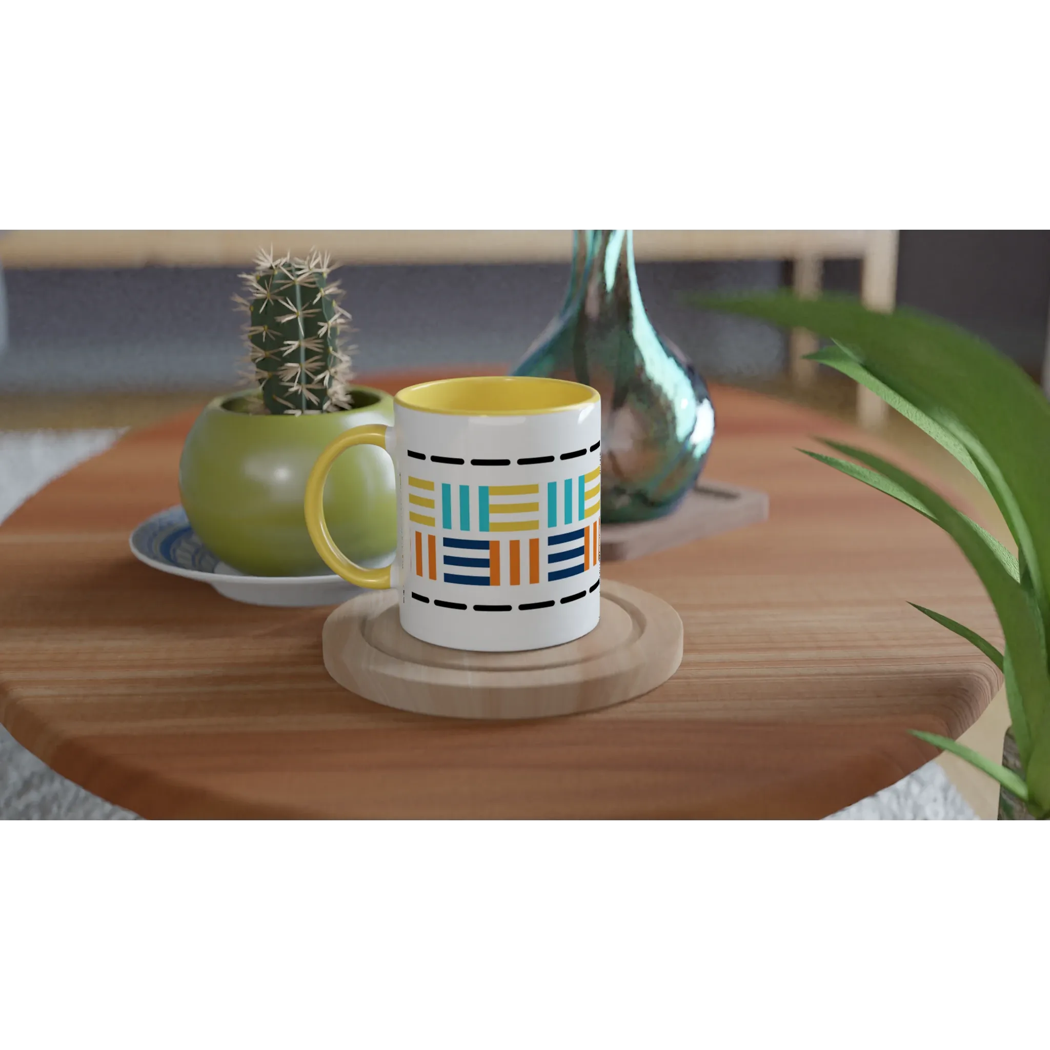 Yellow Ceramic Mug with Geometric Mosaic Print – Bold & Artistic Coffee Mug