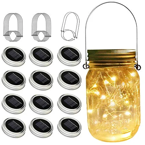 ZNYCYE Solar Mason Jar Lights, 12 Pack 30 Led Fairy Lights Mason Jar Lids Waterproof String Lights with Hanger (No Jars) Best for Outdoor Patio Garden Yard Lawn and Christmas Decor-Warm White